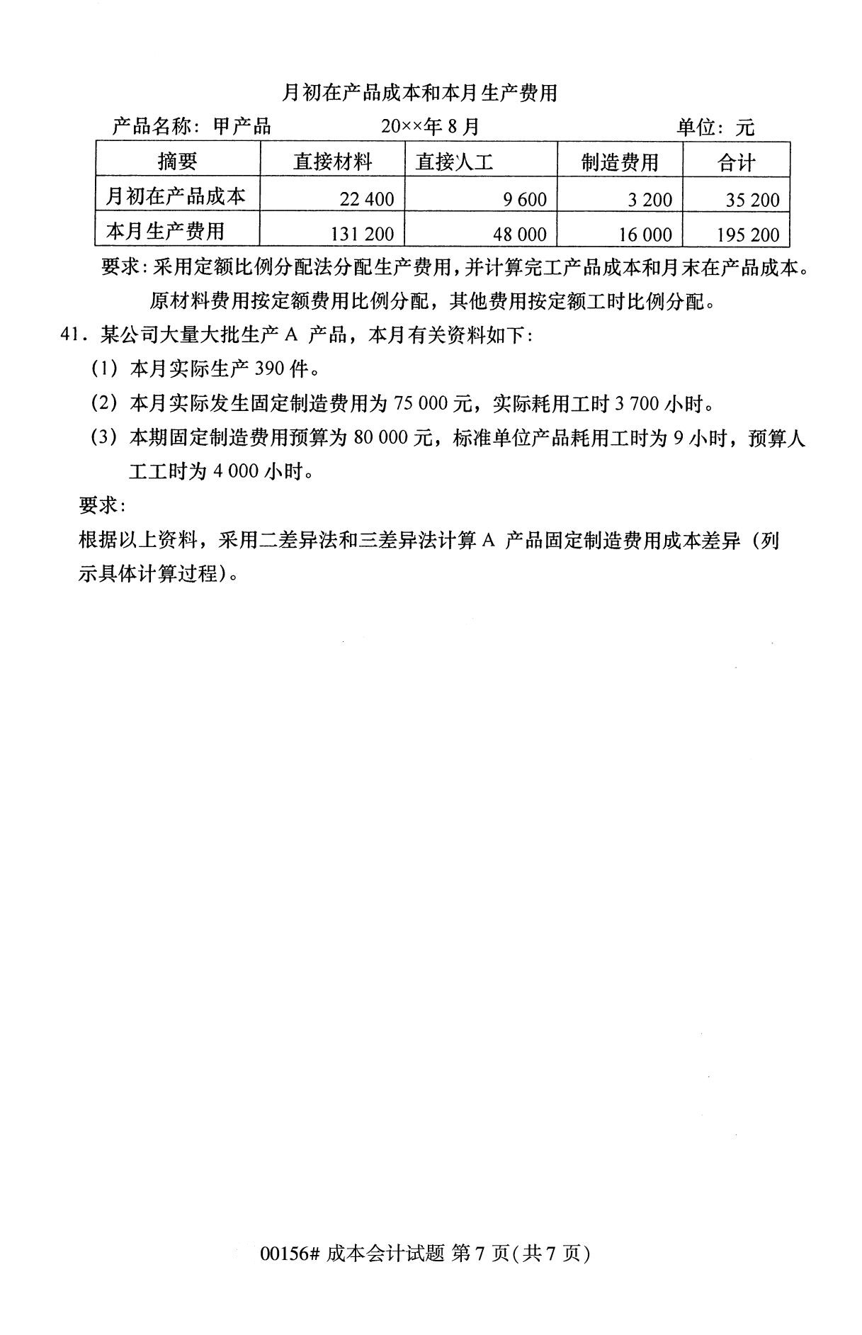 浙江自考?xì)v年真題 自考專科成本會(huì)計(jì)(00156)6